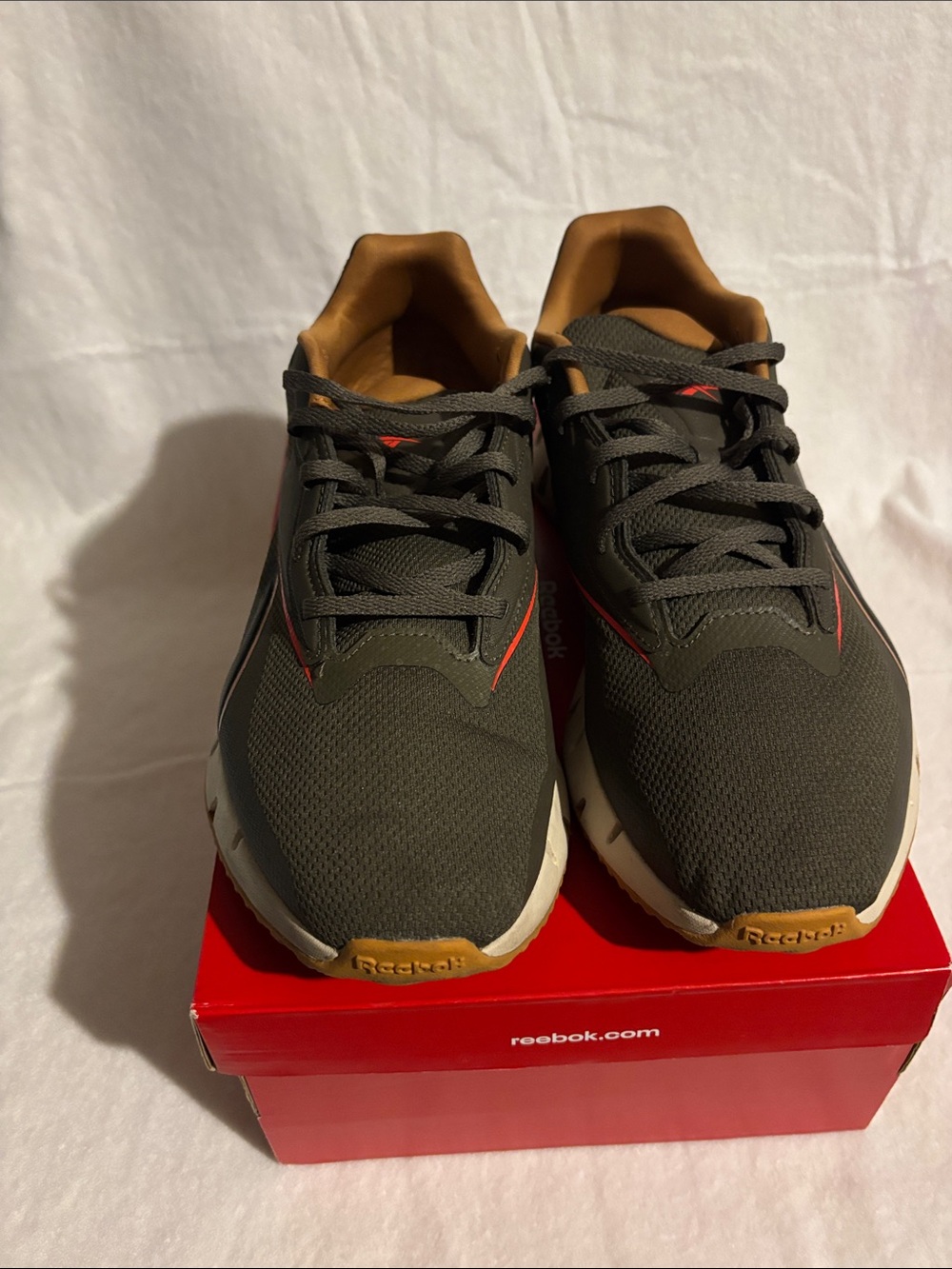 Reebok Men's Olive Green Sneakers with Tan Interior and Orange Accents